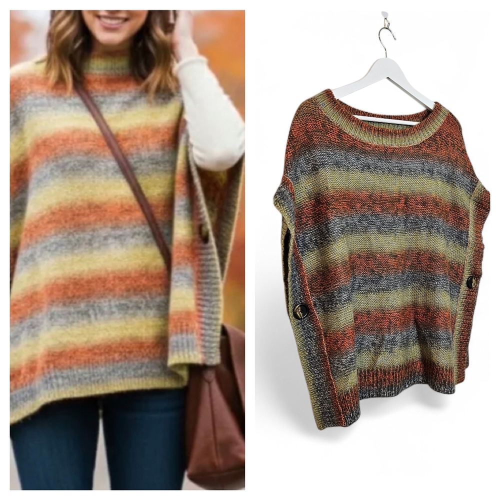The Limited Poncho Sweater XS/S Wool Blend Striped Boho Cape Multicolor Fall Kni